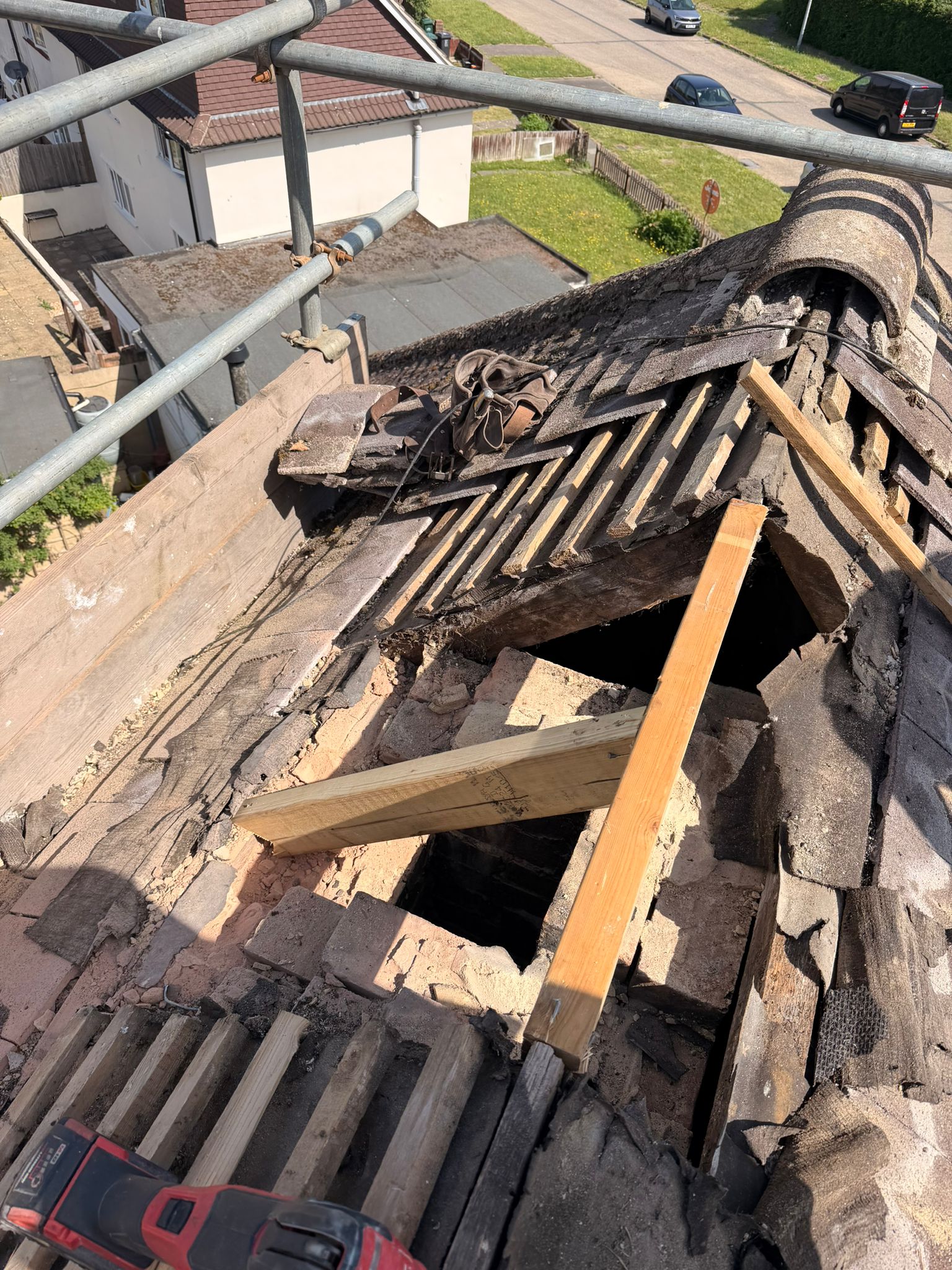 Chimney stack fully removed on Heath Hill Avenue, Bevendean — hole in roof with new ridge tree timber installed and rafters reinstated ready for felt and batten